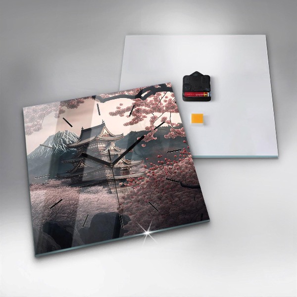 Horloge murale carrée Tour et fleurs en Asie