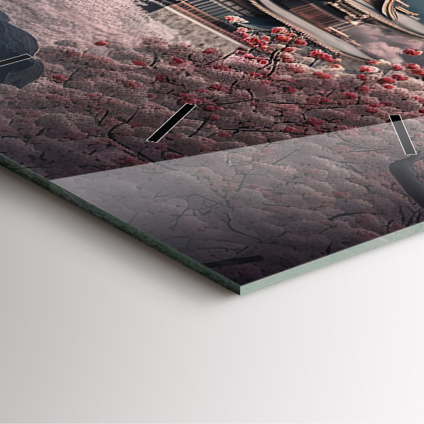 Horloge murale carrée Tour et fleurs en Asie