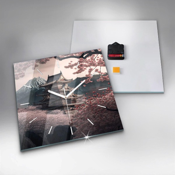 Horloge murale carrée Tour et fleurs en Asie