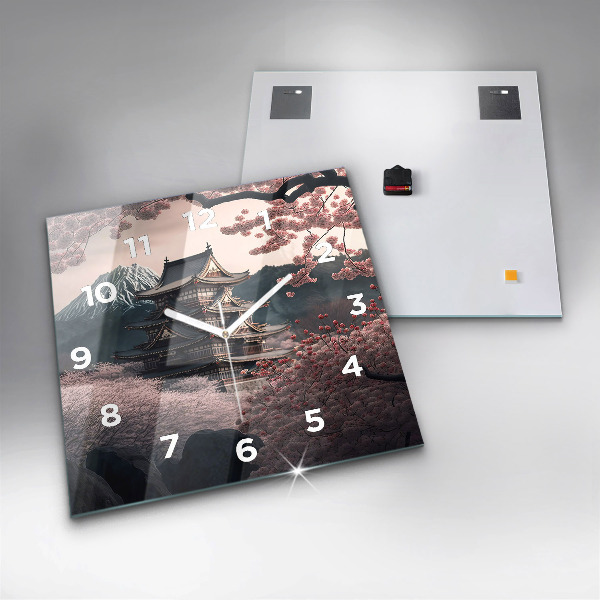 Horloge murale carrée Tour et fleurs en Asie
