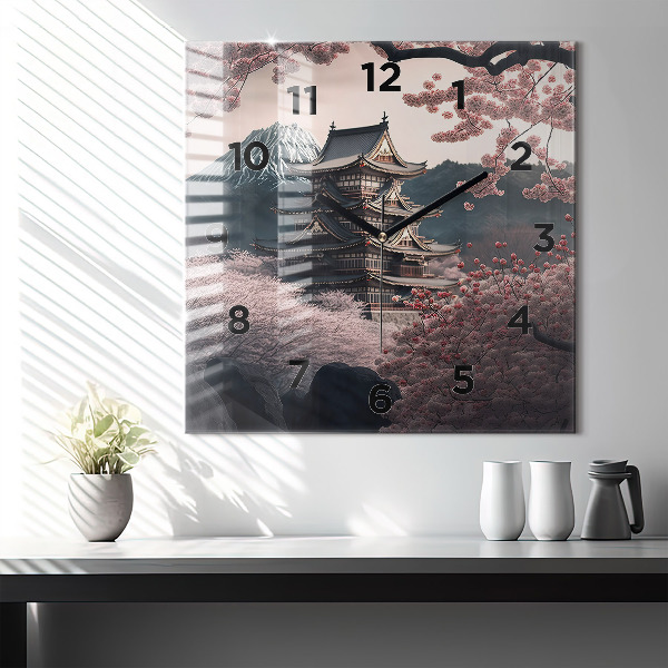Horloge murale carrée Tour et fleurs en Asie