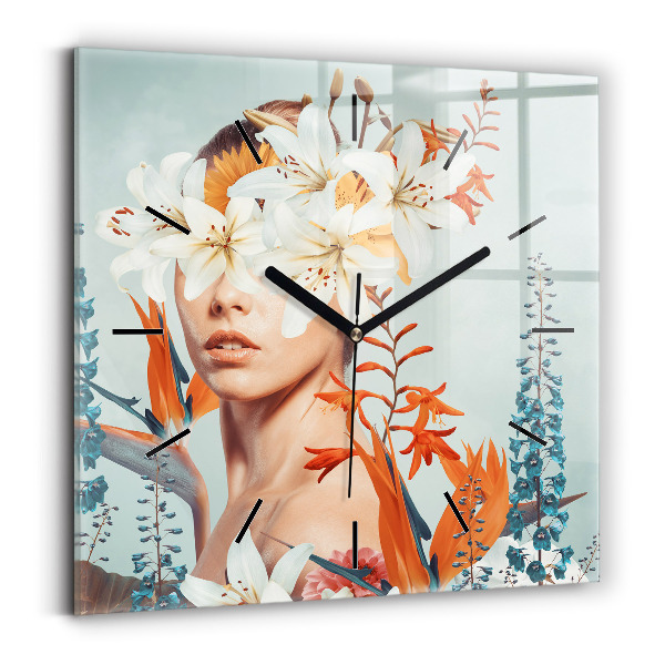 Horloge murale carrée Femme avec des fleurs