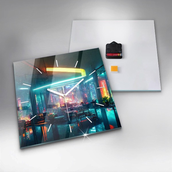 Horloge murale carrée Ville de style cyberpunk