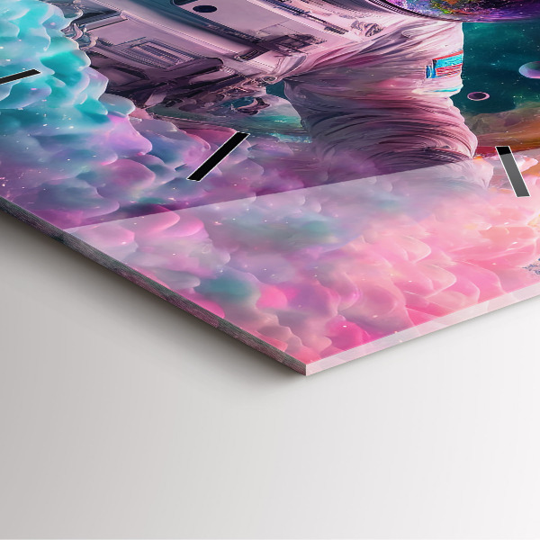 Horloge murale carrée Cosmonaute et nuages colorés