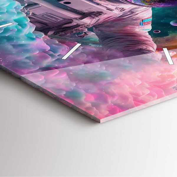 Horloge murale carrée Cosmonaute et nuages colorés