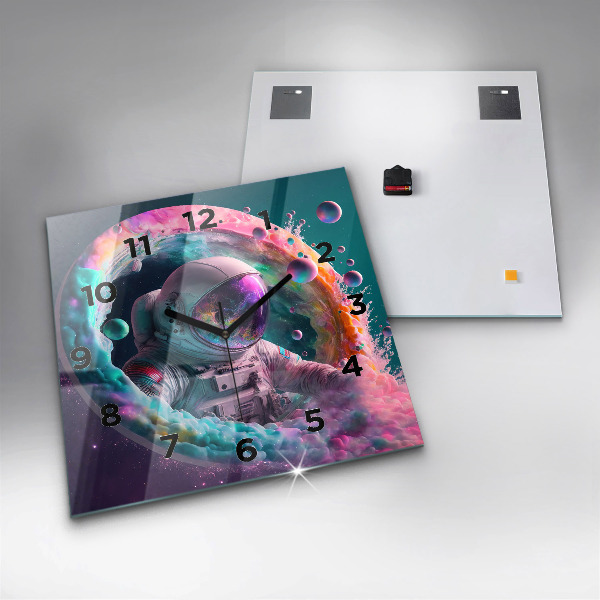 Horloge murale carrée Cosmonaute et nuages colorés
