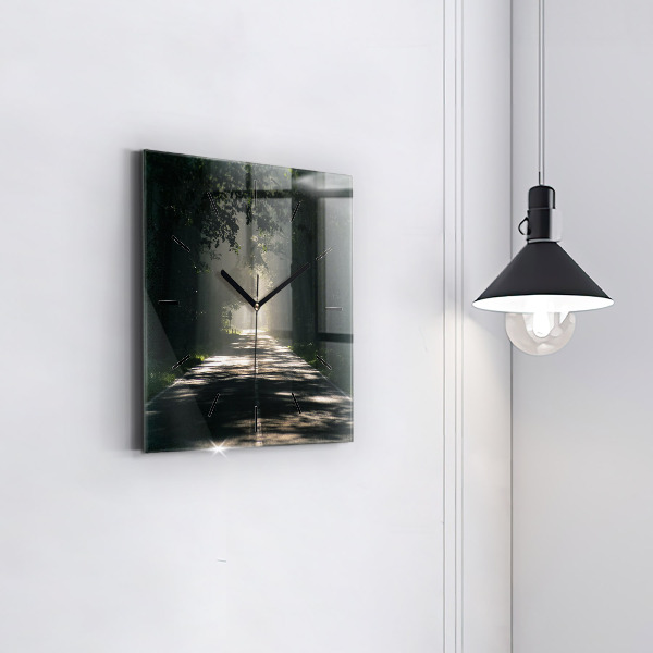 Horloge murale carrée Route forestière et rayons de soleil