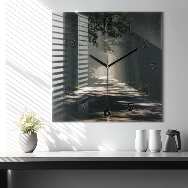 Horloge murale carrée Route forestière et rayons de soleil