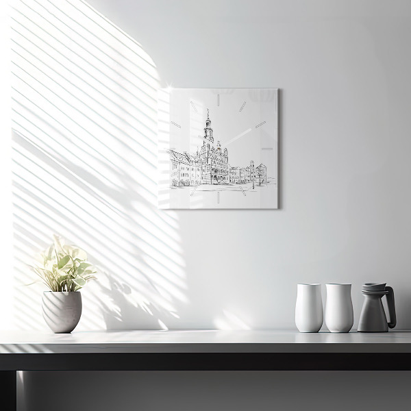 Horloge murale carrée Croquis de la vieille ville de Poznań