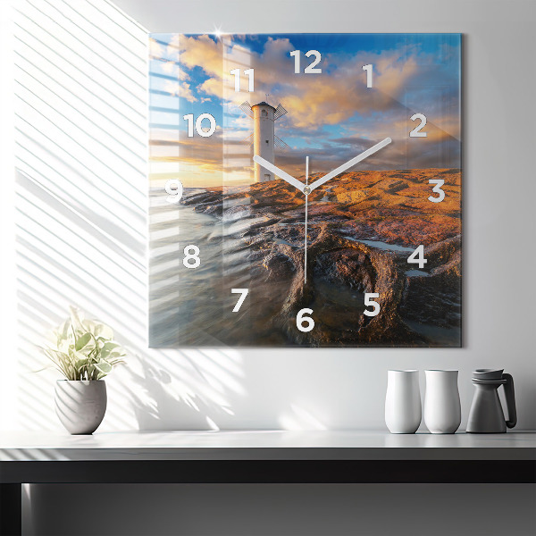 Horloge carrée en verre Le phare et la mer Baltique