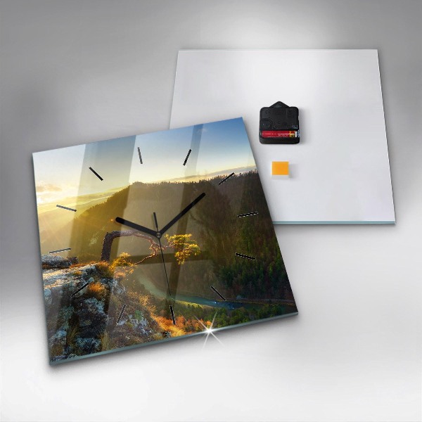 Pendule carrée en verre Coucher de soleil sur les montagnes