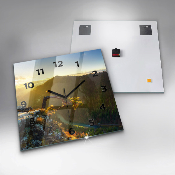 Pendule carrée en verre Coucher de soleil sur les montagnes