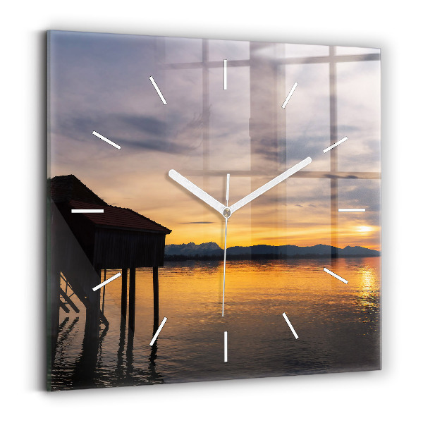 Pendule carrée en verre Coucher de soleil sur le lac