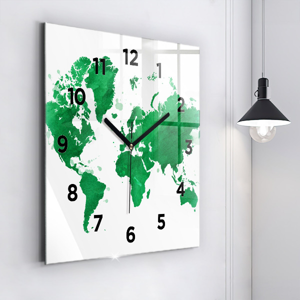 Horloge murale carrée Carte du monde verte