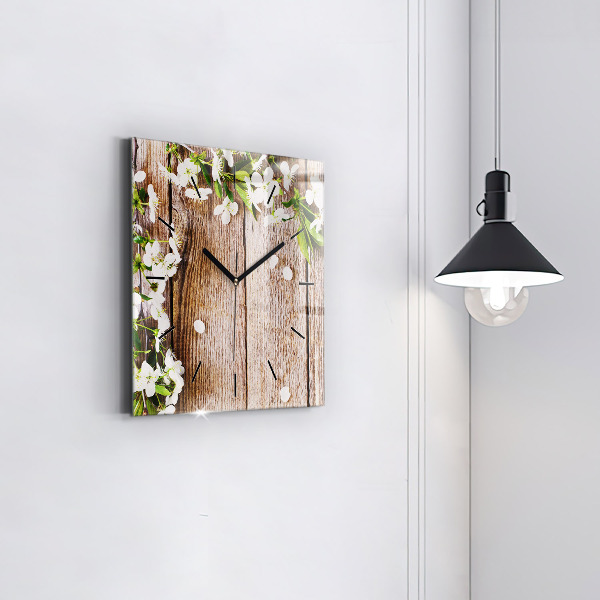Horloge murale carrée Fleurs sur bois