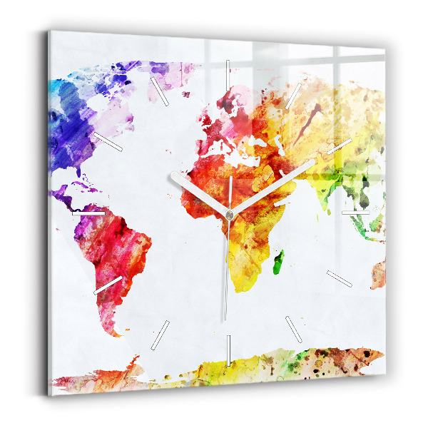 Horloge murale carrée 'Carte du monde à l''aquarelle'