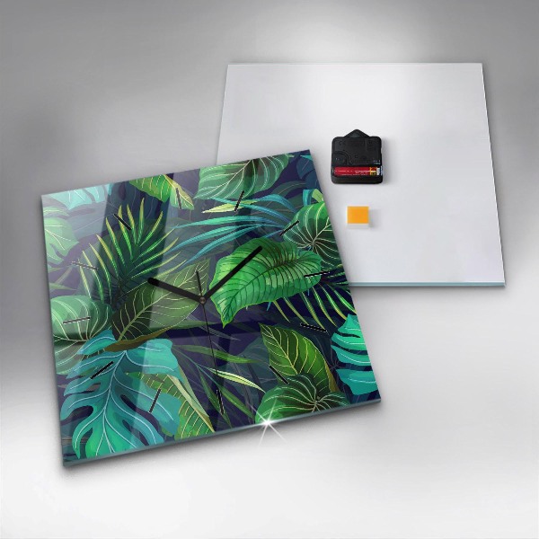 Pendule carrée en verre Feuilles exotiques