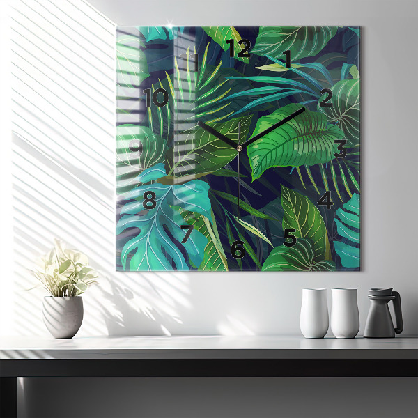 Pendule carrée en verre Feuilles exotiques