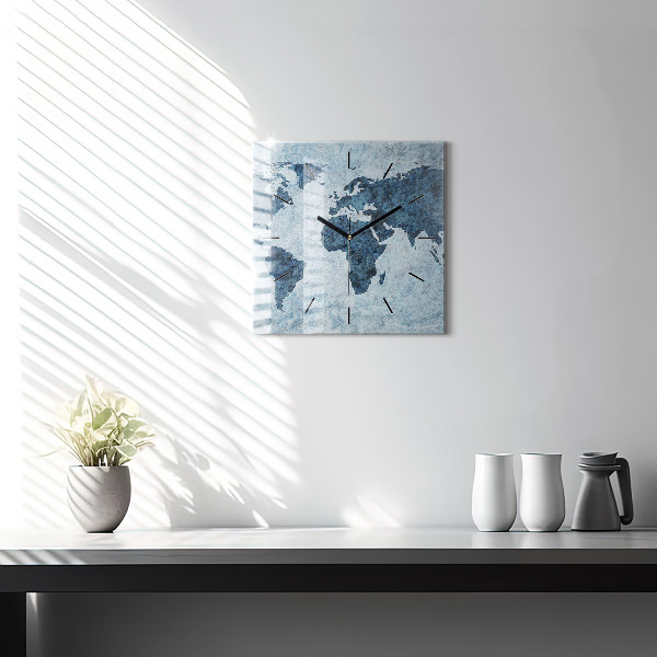 Pendule carrée en verre Carte du monde peinte