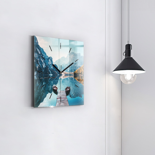 Pendule carrée en verre Bateaux sur le lac