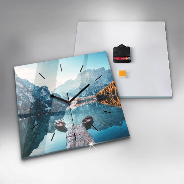 Pendule carrée en verre Bateaux sur le lac