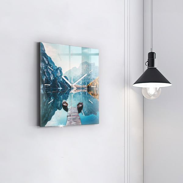 Pendule carrée en verre Bateaux sur le lac