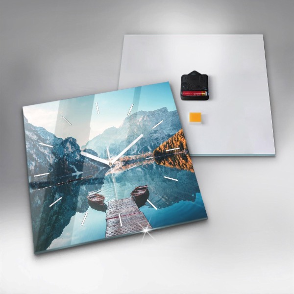 Pendule carrée en verre Bateaux sur le lac