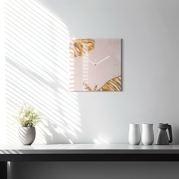 Pendule carrée en verre Feuilles tropicales dorées