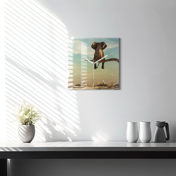 Pendule carrée en verre Éléphant sur un arbre