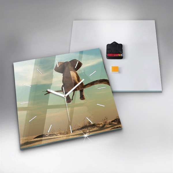 Pendule carrée en verre Éléphant sur un arbre