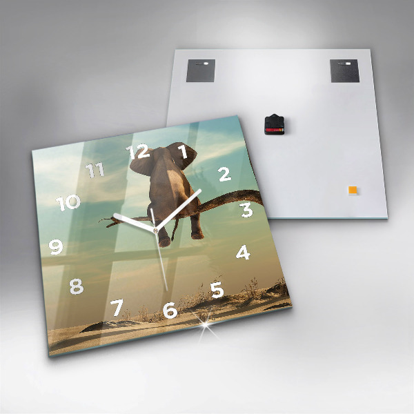 Pendule carrée en verre Éléphant sur un arbre