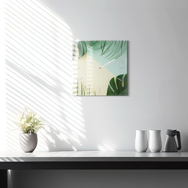 Pendule carrée en verre Feuilles de Monstera