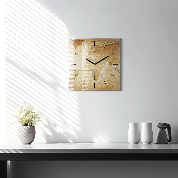 Pendule carrée en verre Carte du monde vintage