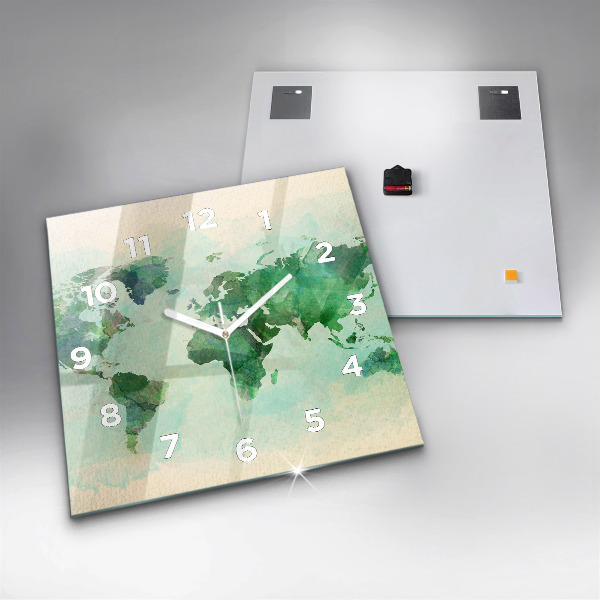 Pendule carrée en verre 'Carte du monde à l''aquarelle'