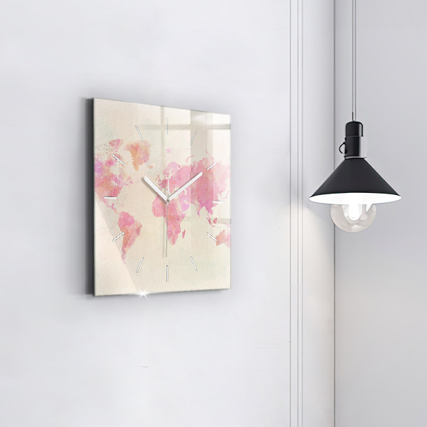 Pendule carrée en verre 'Carte du monde à l''aquarelle'