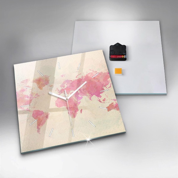 Pendule carrée en verre 'Carte du monde à l''aquarelle'