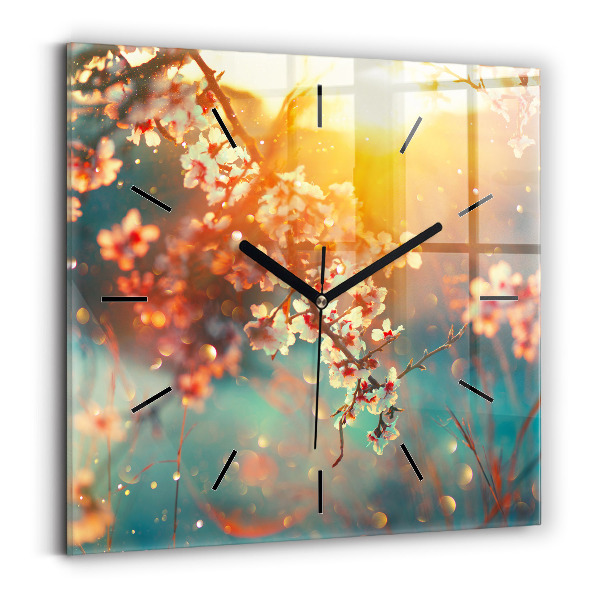 Horloge carrée en verre Fleurs de printemps