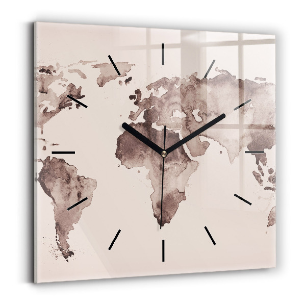 Horloge carrée en verre 'Carte du monde à l''aquarelle'