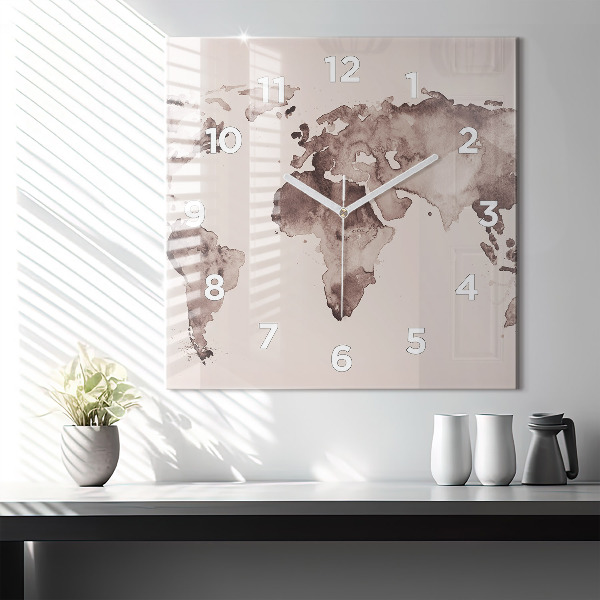 Horloge carrée en verre 'Carte du monde à l''aquarelle'