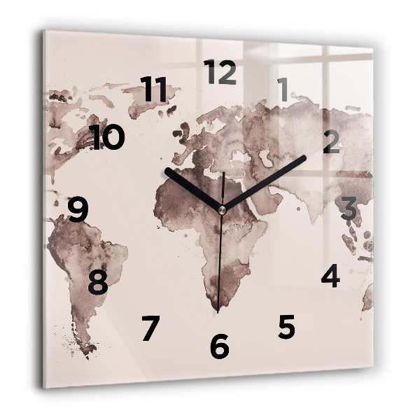 Horloge carrée en verre 'Carte du monde à l''aquarelle'