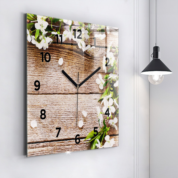 Horloge murale carrée Fleurs sur bois