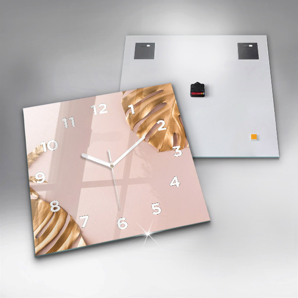 Pendule carrée en verre Feuilles tropicales dorées