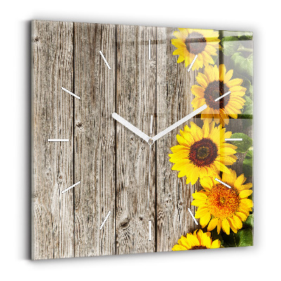 Horloge carrée en verre Tournesols sur planches