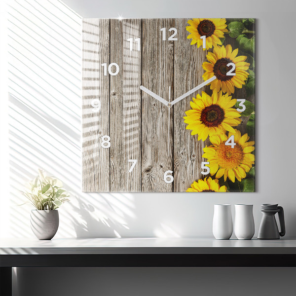 Horloge carrée en verre Tournesols sur planches