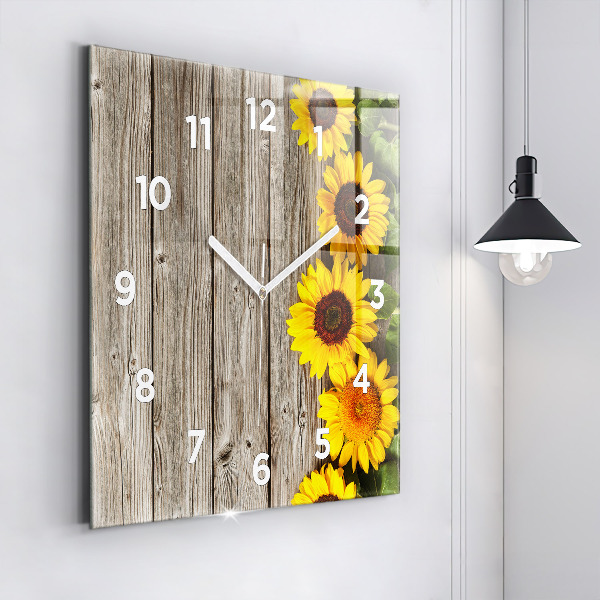 Horloge carrée en verre Tournesols sur planches