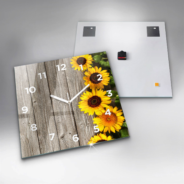 Horloge carrée en verre Tournesols sur planches