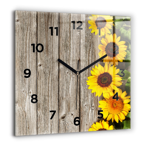 Horloge carrée en verre Tournesols sur planches