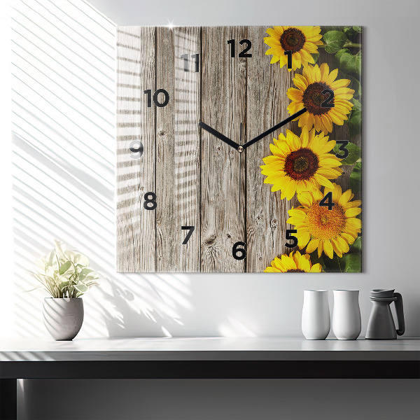 Horloge carrée en verre Tournesols sur planches
