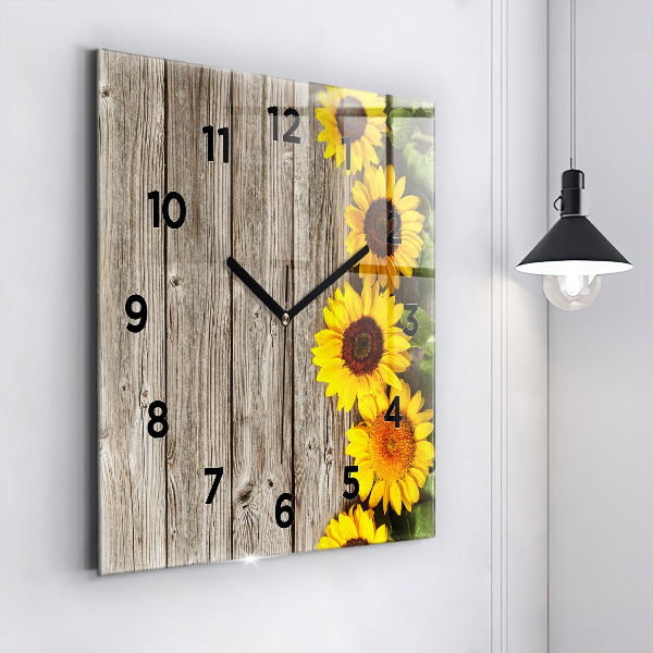 Horloge carrée en verre Tournesols sur planches