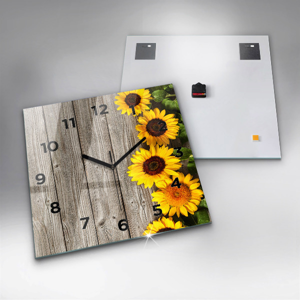 Horloge carrée en verre Tournesols sur planches
